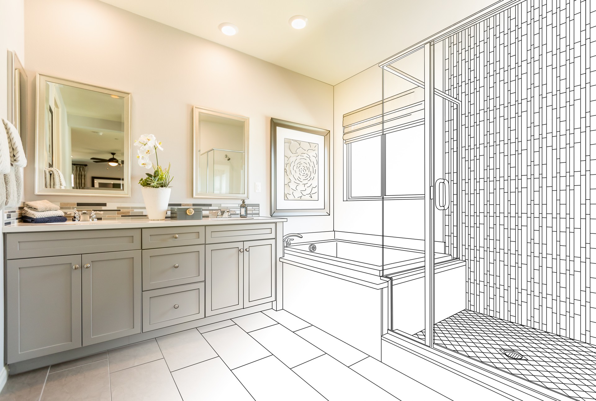 Custom,Master,Bathroom,Design,Drawing,Gradating,To,Finished,Photo.